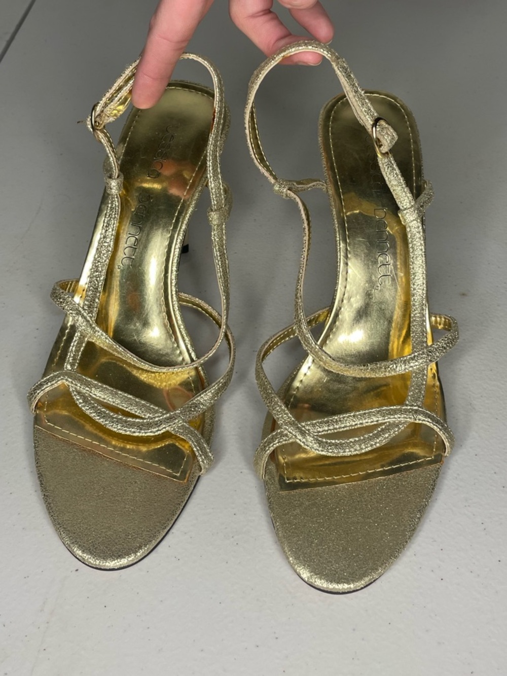 Jessica Bennett Solid Shiny Gold Strappy Slingback Heels